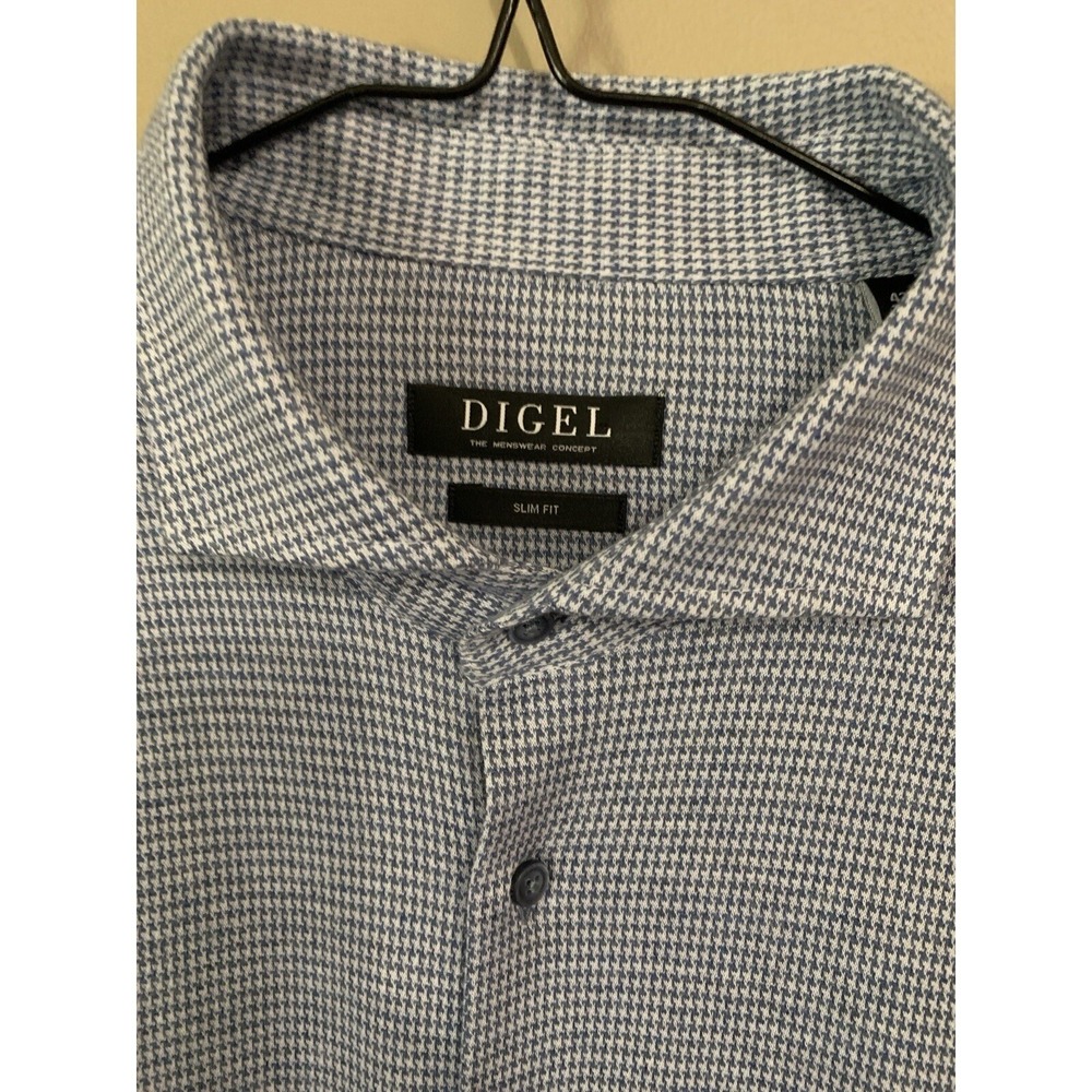 DIGEL Long Sleeve Button Up Shirt Mens 42L Blue Houndstooth Baumwolla Cotton NWT - Picture 4 of 16